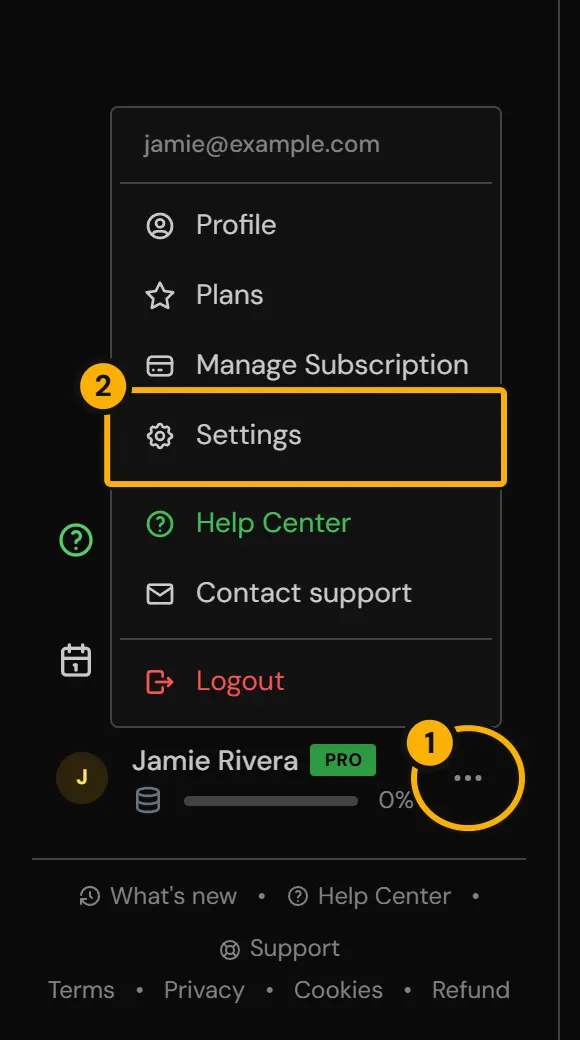 The account menu next to your name in the sidebar, with Settings highlighted