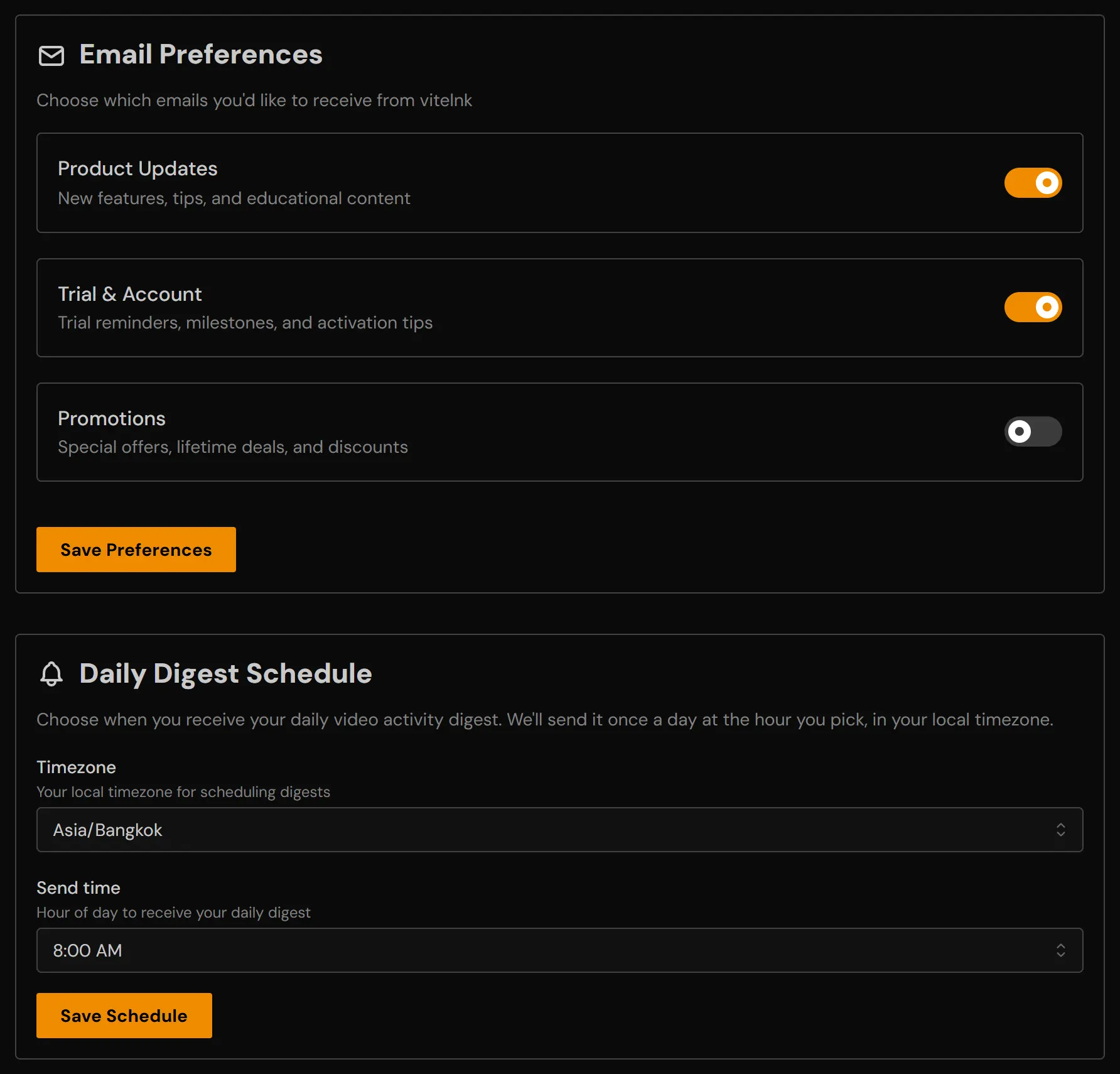 The Email preferences page: Product Updates, Trial & Account, Promotions, Daily Digest Schedule and Unsubscribe from all marketing
