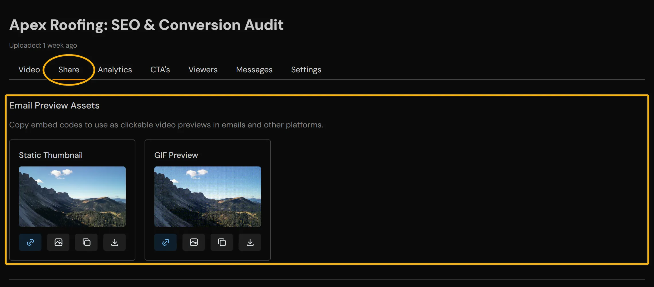 The Email Preview Assets at the top of the Share tab