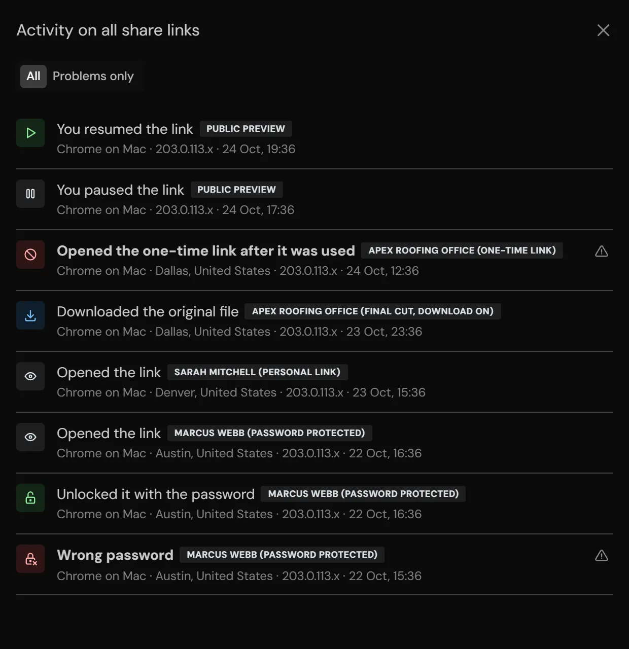 The activity log of every share link of a video: opens with city and country, a wrong password, a download, a used one-time link and a pause