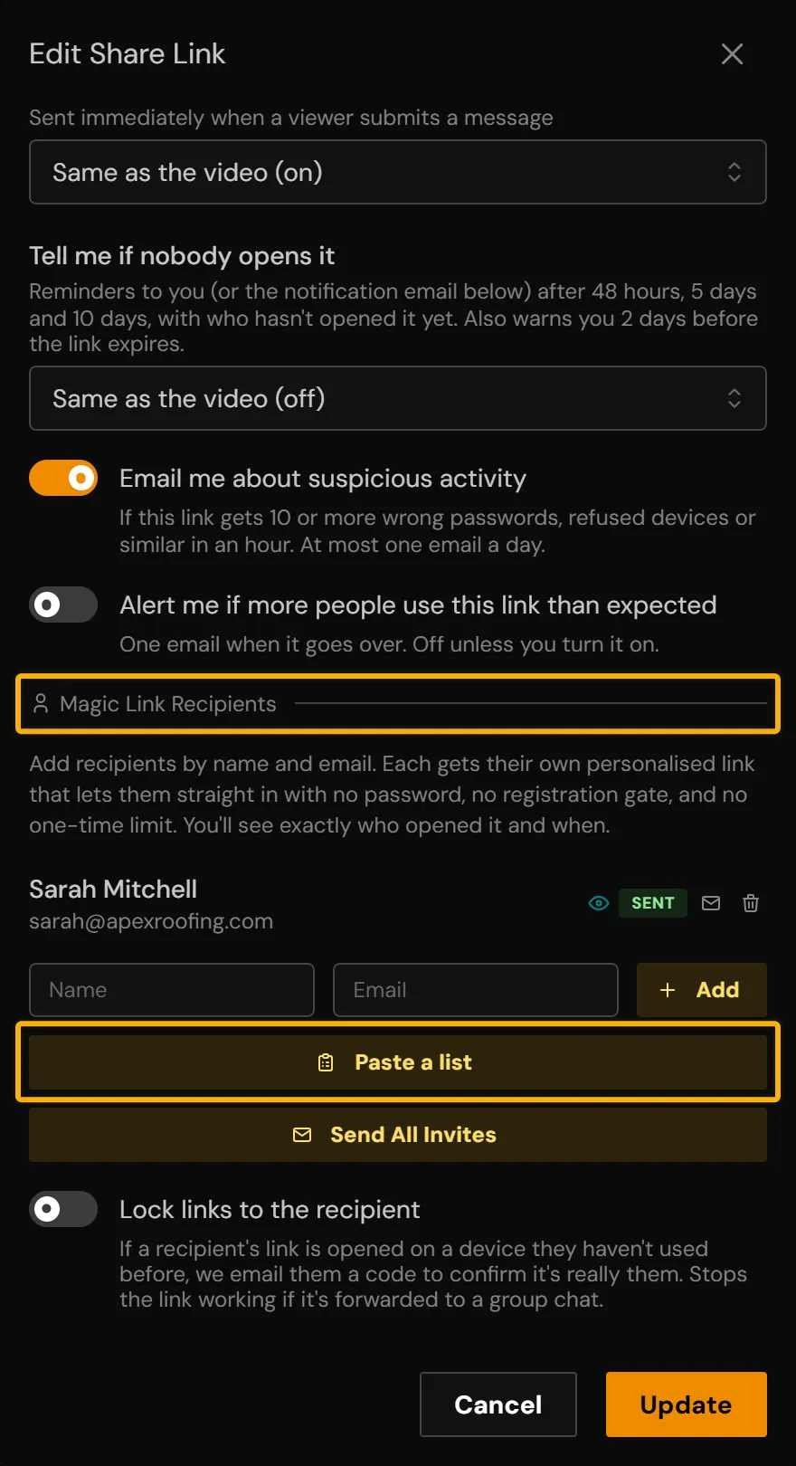The Magic Link Recipients section of a share link with Paste a list highlighted