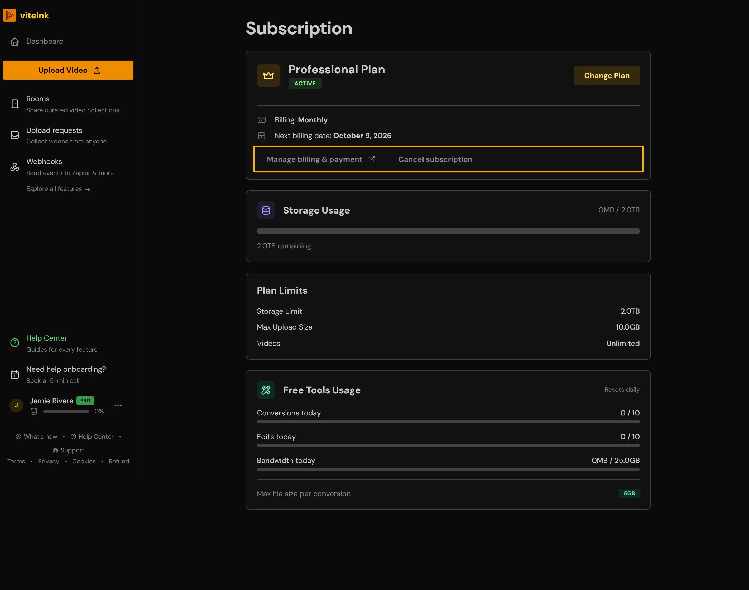 The Manage Subscription page: the plan, Storage Usage, Plan Limits, and the Manage billing & payment and Cancel subscription buttons