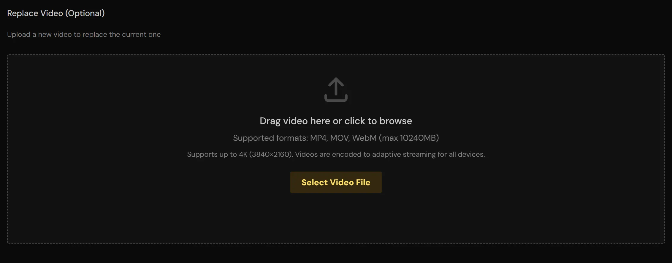 The Replace Video (Optional) upload box in a video's Settings tab