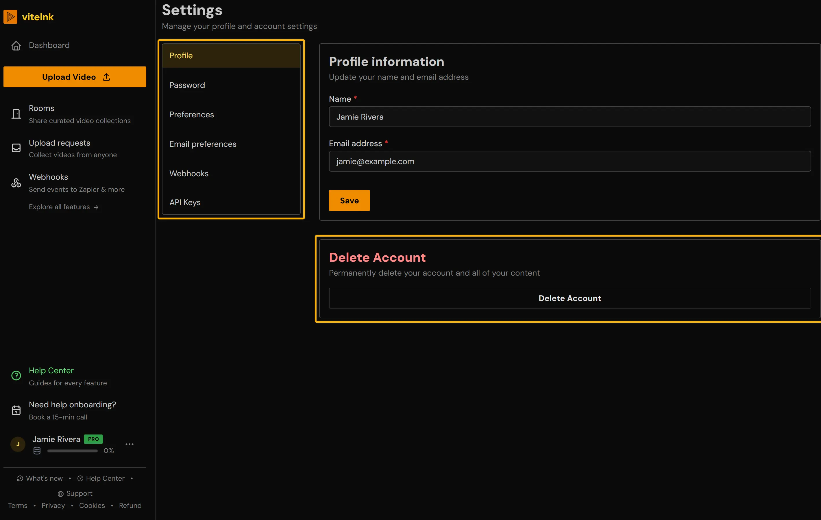 The Profile settings page with the settings menu and the Delete Account card highlighted