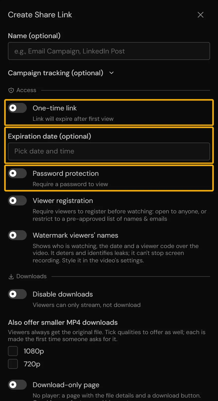 The Create Share Link window: One-time link, Expiration date and Password protection