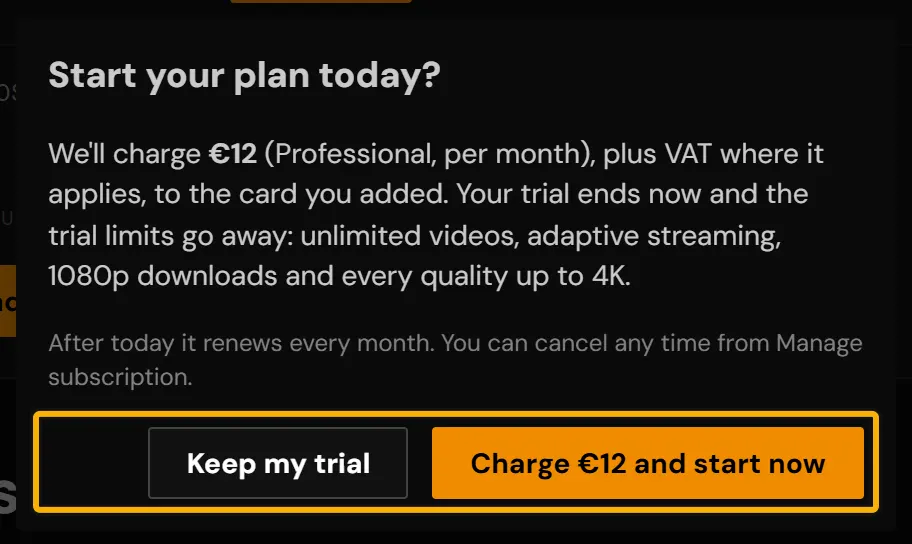 The "Start your plan today?" confirmation with the amount, Keep my trial and the Charge and start now button