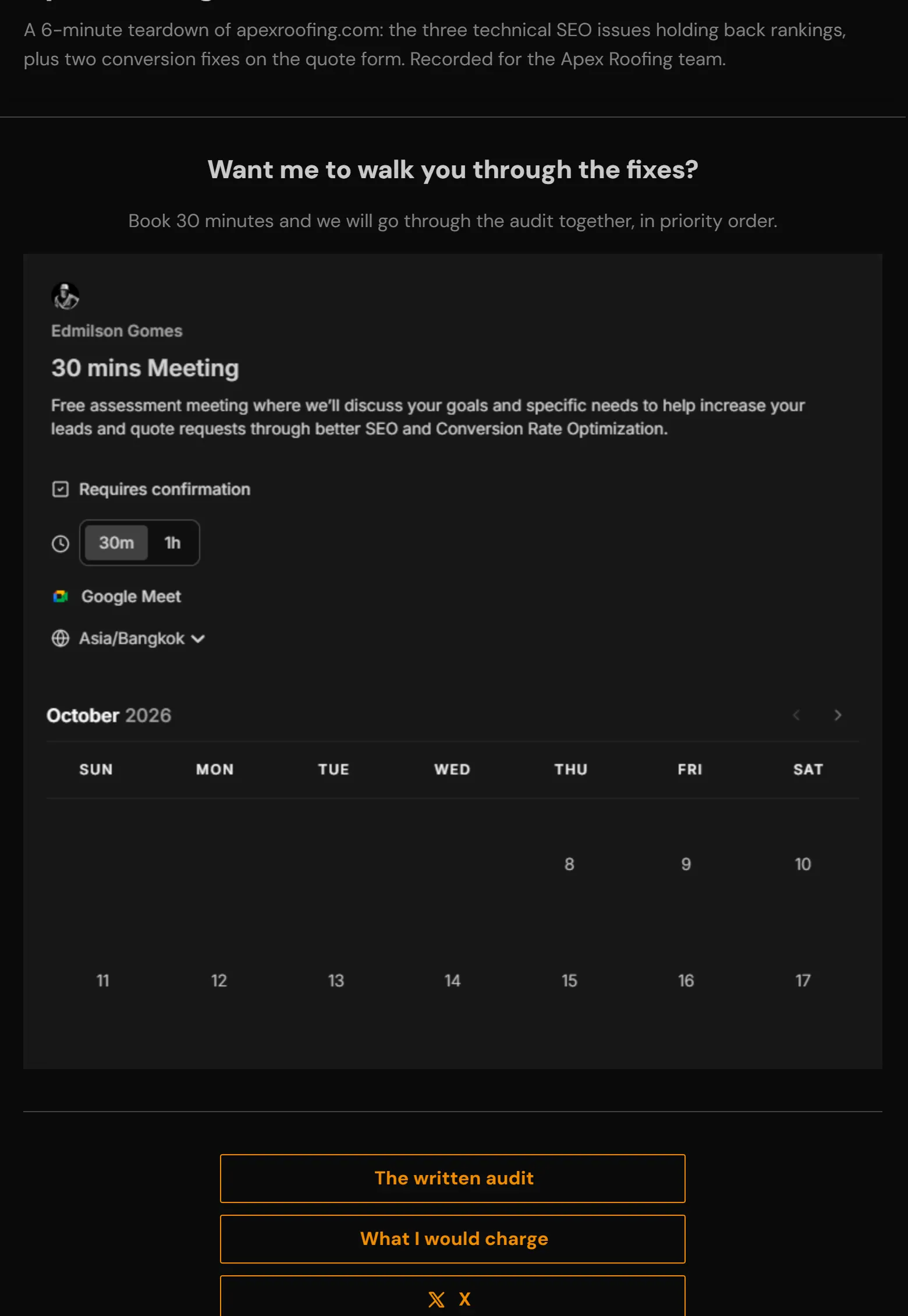 The share page under the video: a heading, a Cal.com calendar to book a 30-minute meeting, and extra link buttons