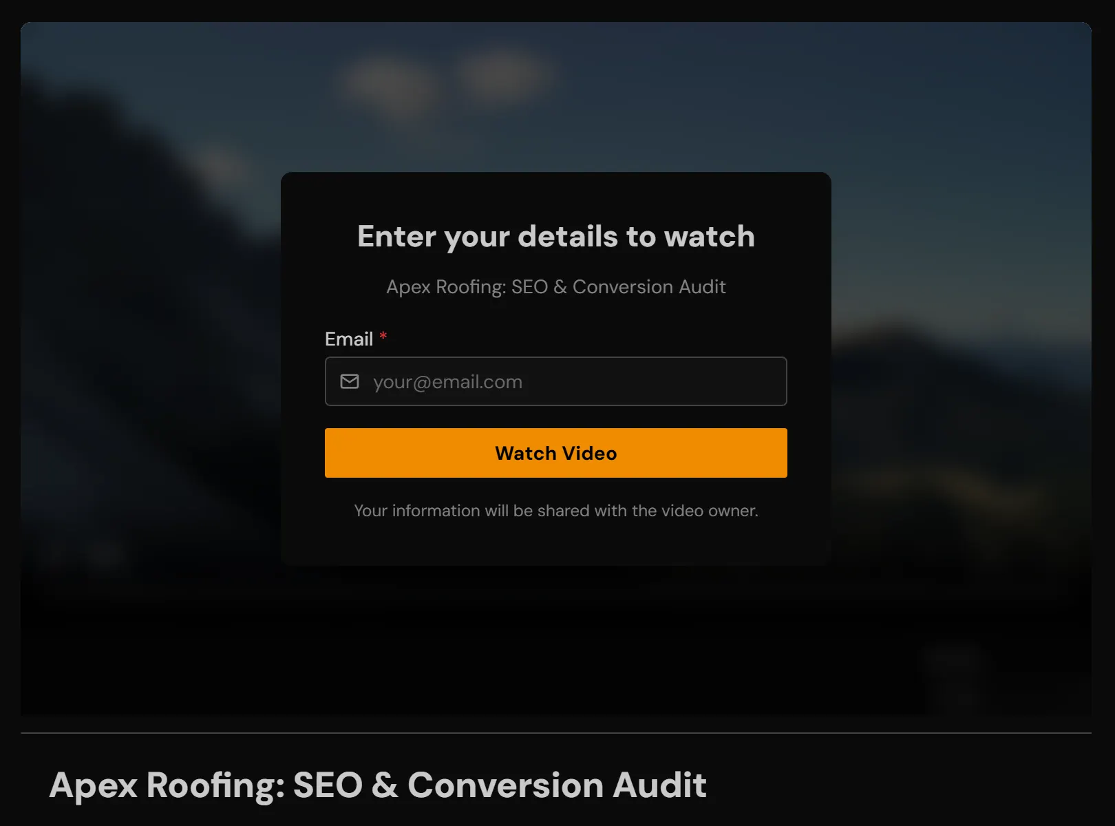 The share page of a free audit: a form asking for an email over the video before it plays