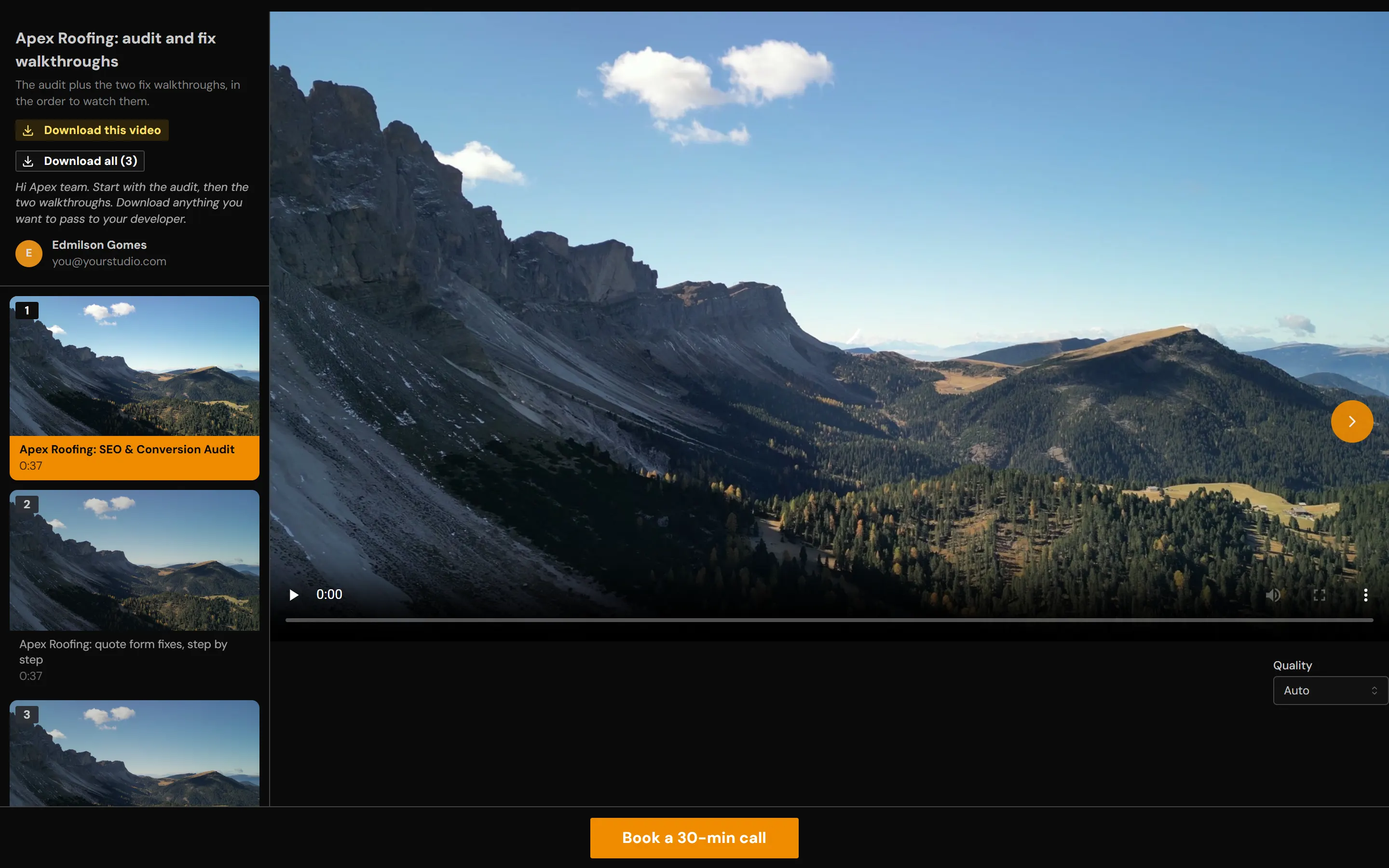 A Room as the client sees it: the playlist of three videos, Download this video and Download all, the welcome message, the contact card and a Book a call button
