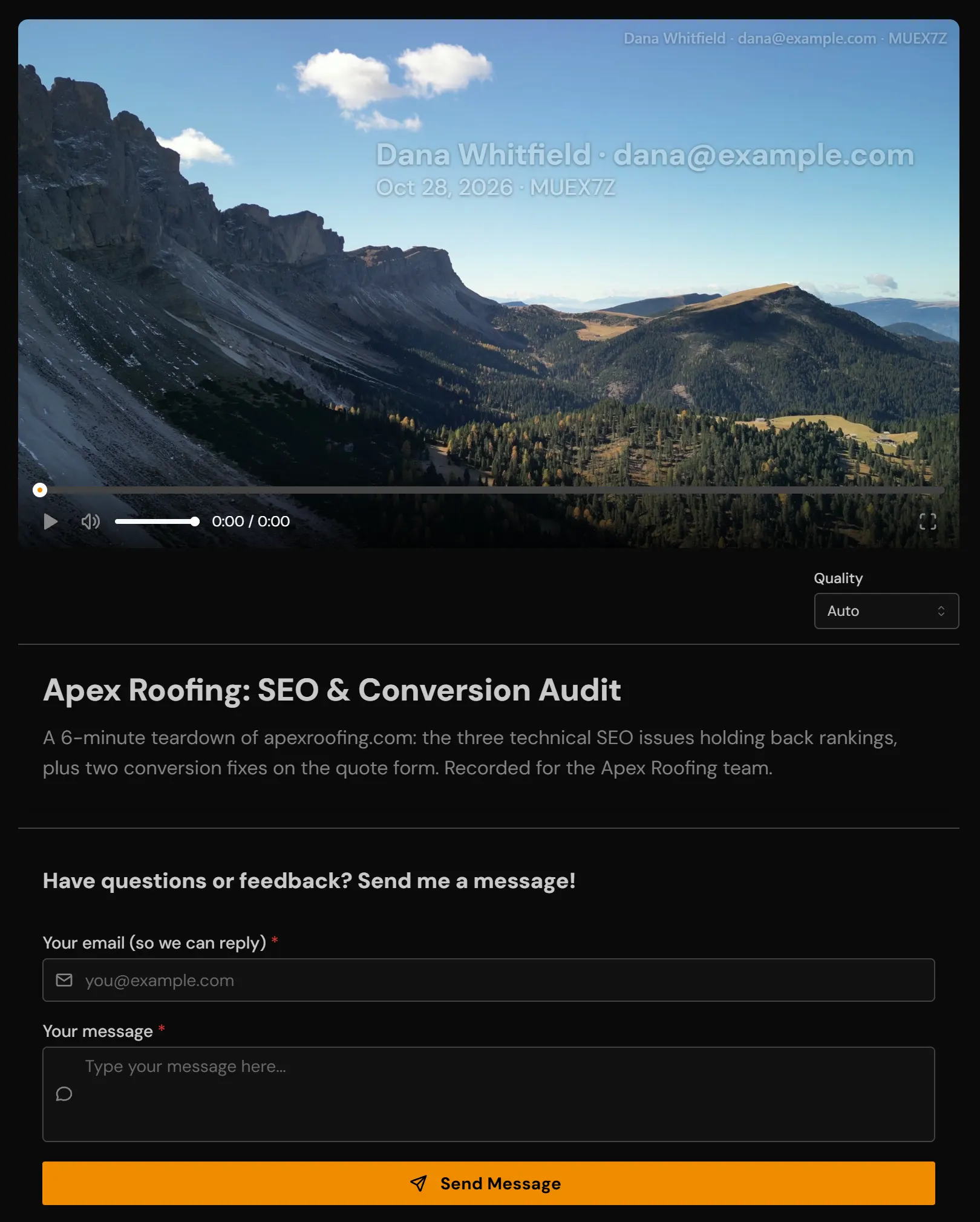 The share page a client opens: their name, email, the date and a viewer code over the video, and a message form under it