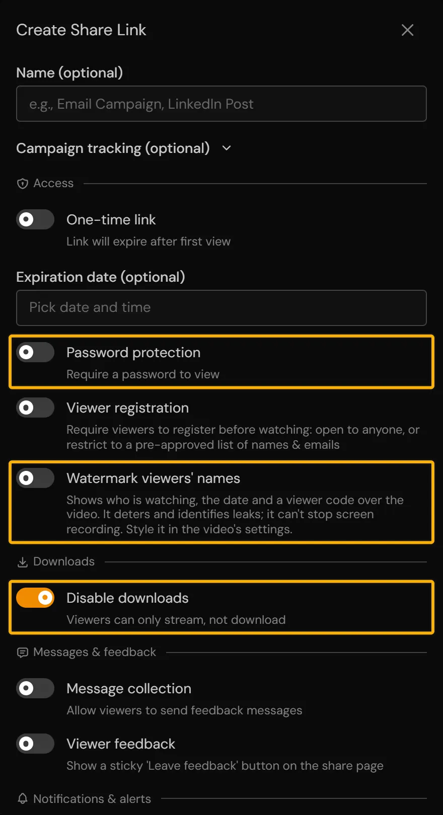The Create Share Link window with Password protection, Watermark viewers' names and Disable downloads marked, and Message collection below