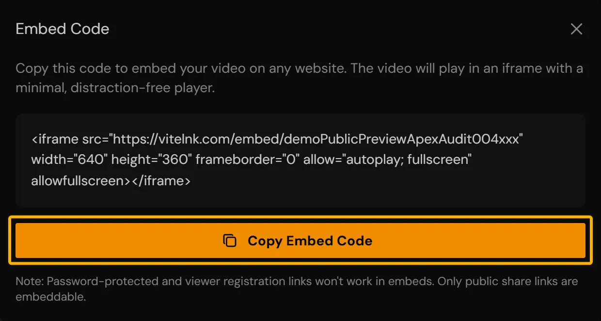 The Embed Code window with the iframe and the Copy Embed Code button marked