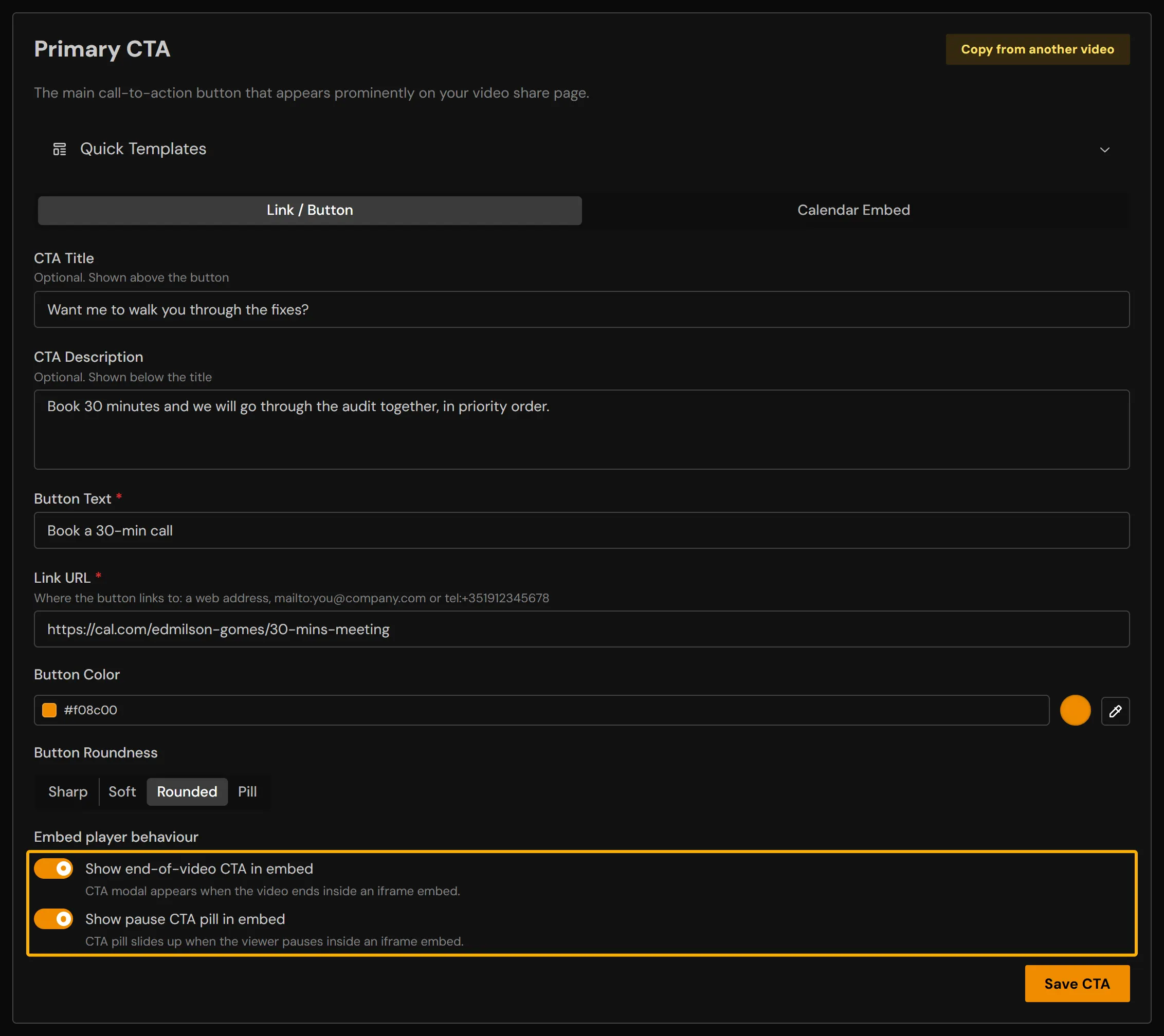 The Primary CTA card with Link / Button selected and the two embed switches marked: Show end-of-video CTA in embed and Show pause CTA pill in embed