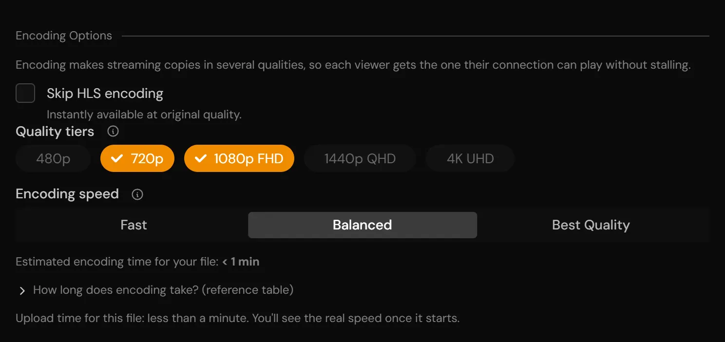 The Encoding Options in the upload window: Skip HLS encoding, Quality tiers and Encoding speed