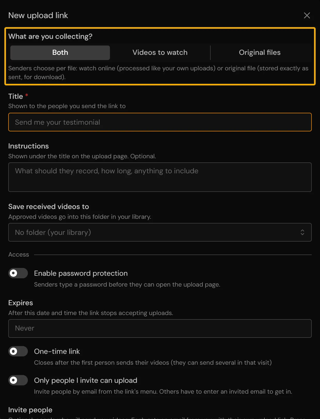 The New upload link window with What are you collecting highlighted