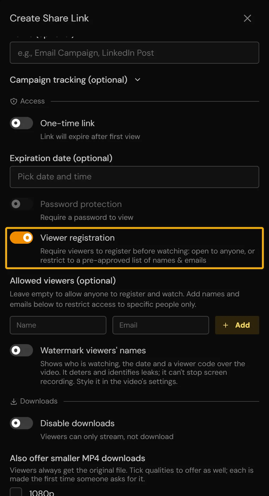 The Viewer registration switch in the share link window, with the Allowed viewers list