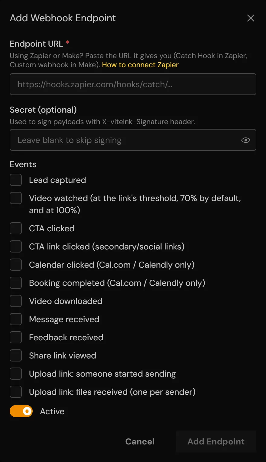 The Add Webhook Endpoint window: Endpoint URL, Secret and the list of events