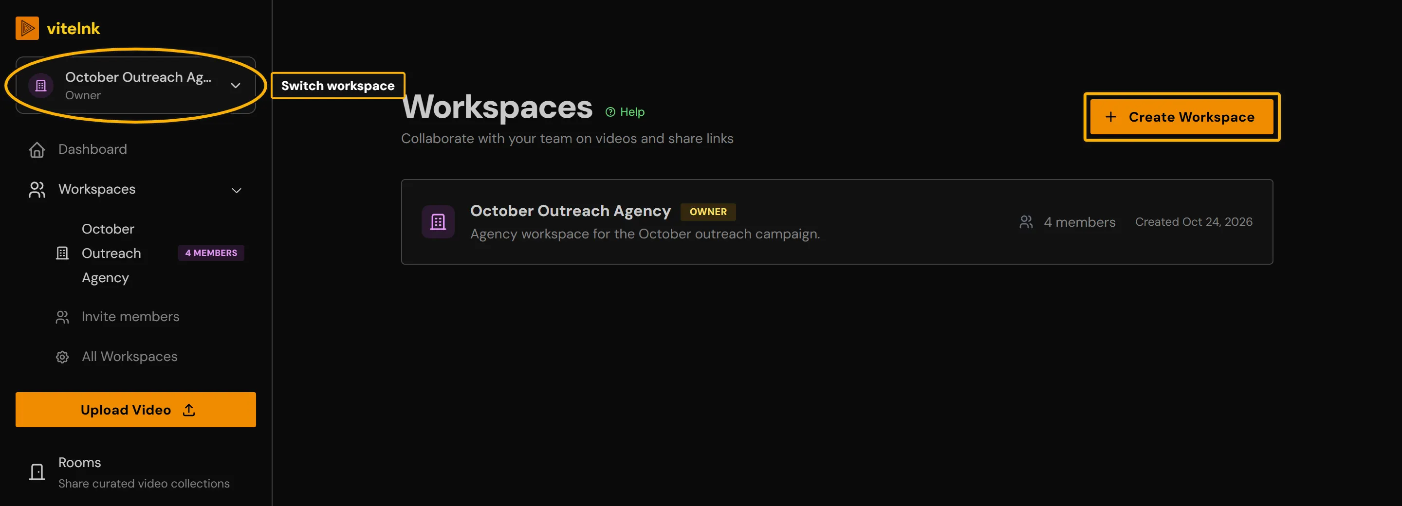 The Workspaces page with the workspace switcher at the top of the sidebar and the Create Workspace button highlighted