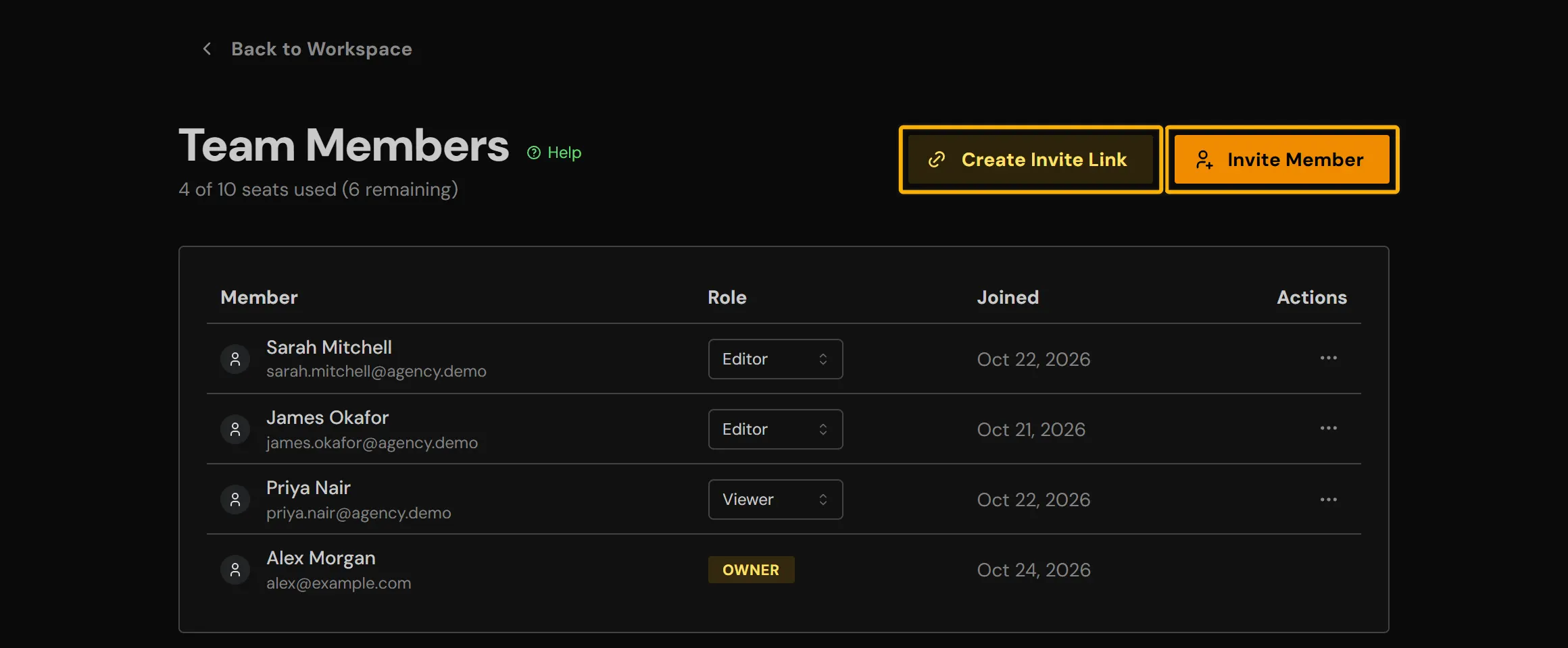 The Team Members page of a workspace with the Create Invite Link and Invite Member buttons highlighted